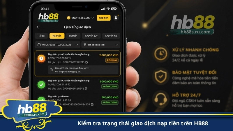 kiểm tra trạng thái giao dịch nạp tiền trên HB88