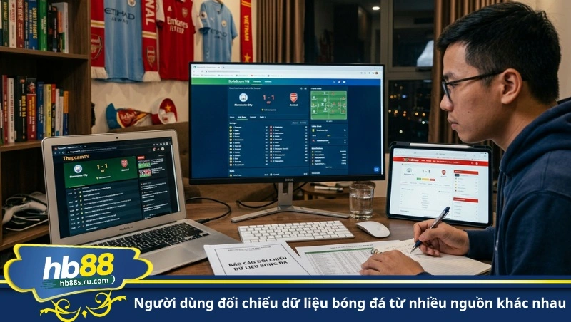người dùng đối chiếu dữ liệu bóng đá từ nhiều nguồn khác nhau