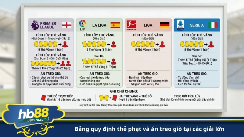 bảng quy định thẻ phạt và án treo giò tại các giải lớn