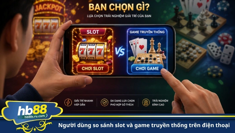 người dùng so sánh slot và game truyền thống trên điện thoại